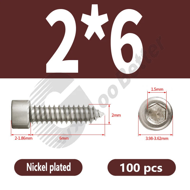 M1.7 M2 M2.3 M2.6 M3 M3.5 M4 M5 M6 Socket Head Self‑Tapping Screws – Alloy Steel, Nickel or Black Zinc