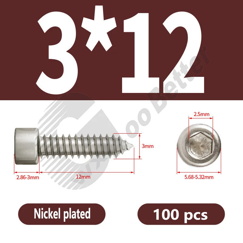 M1.7 M2 M2.3 M2.6 M3 M3.5 M4 M5 M6 Socket Head Self‑Tapping Screws – Alloy Steel, Nickel or Black Zinc