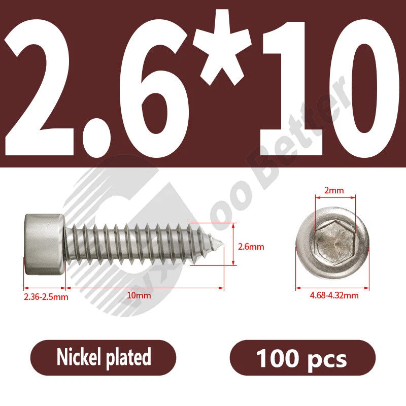 M1.7 M2 M2.3 M2.6 M3 M3.5 M4 M5 M6 Socket Head Self‑Tapping Screws – Alloy Steel, Nickel or Black Zinc