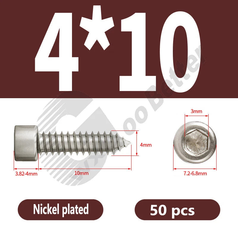 M1.7 M2 M2.3 M2.6 M3 M3.5 M4 M5 M6 Socket Head Self‑Tapping Screws – Alloy Steel, Nickel or Black Zinc