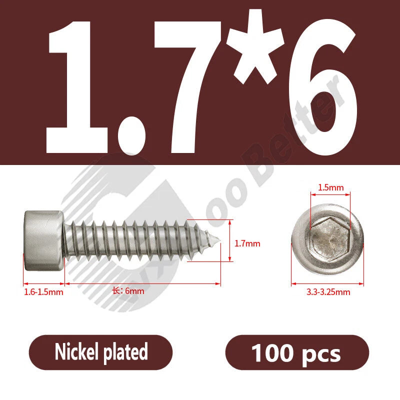 M1.7 M2 M2.3 M2.6 M3 M3.5 M4 M5 M6 Socket Head Self‑Tapping Screws – Alloy Steel, Nickel or Black Zinc