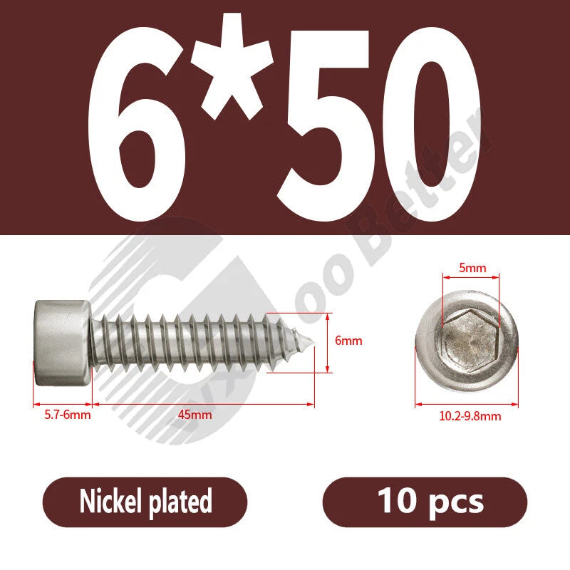 M1.7 M2 M2.3 M2.6 M3 M3.5 M4 M5 M6 Socket Head Self‑Tapping Screws – Alloy Steel, Nickel or Black Zinc