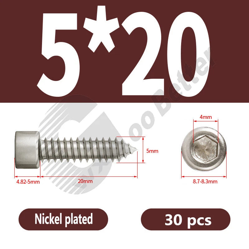 M1.7 M2 M2.3 M2.6 M3 M3.5 M4 M5 M6 Socket Head Self‑Tapping Screws – Alloy Steel, Nickel or Black Zinc