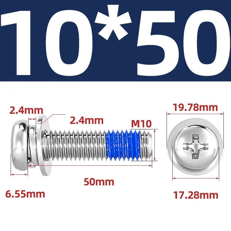 A2 Stainless Steel Phillips Pan Head Machine Screws with Flat & Spring Washers — M2 to M10 - HomeDIYer
