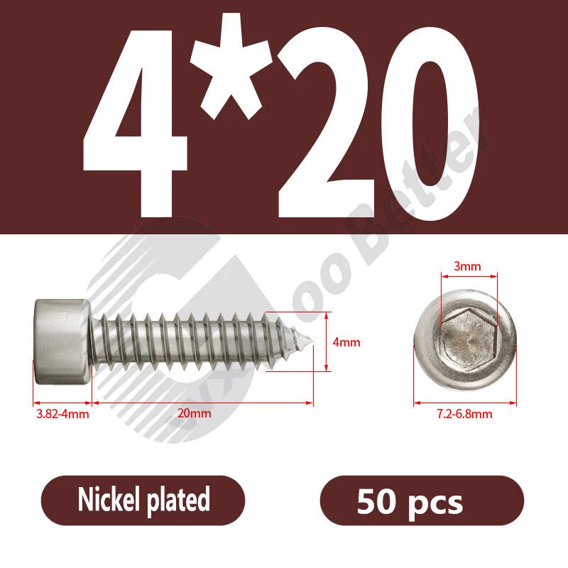 M1.7 M2 M2.3 M2.6 M3 M3.5 M4 M5 M6 Socket Head Self‑Tapping Screws – Alloy Steel, Nickel or Black Zinc