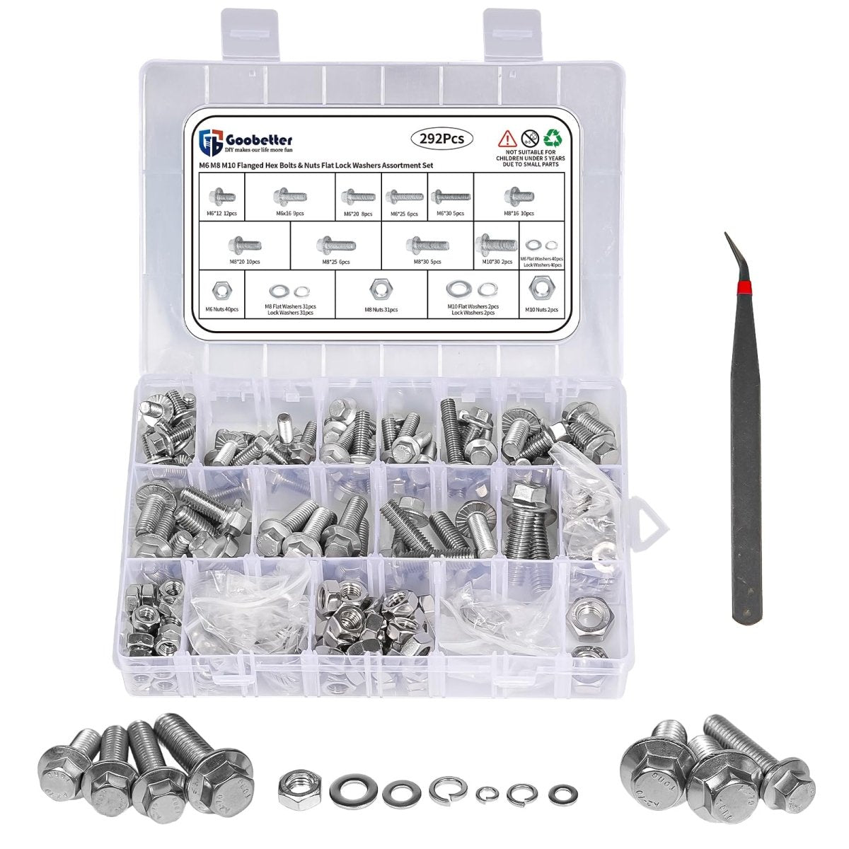 292 Pcs 304 Stainless Steel Bolts and Nuts Kit, A2 Hex Head Flange Nut and Bolt Set M6 M8 M10, with Flat and Lock Washers - HomeDIYer