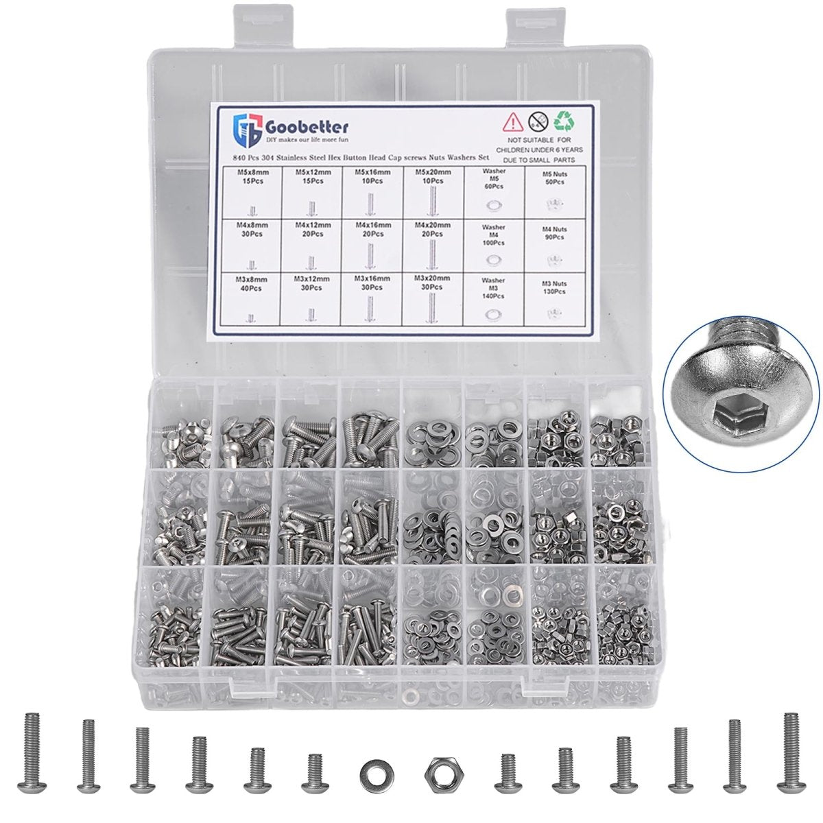 Metric Screw Assortment, Hex Socket Button Head Cap Screws and Nuts Washers Assortment Kit, 304 Stainless Steel Metric Set Screws - HomeDIYer