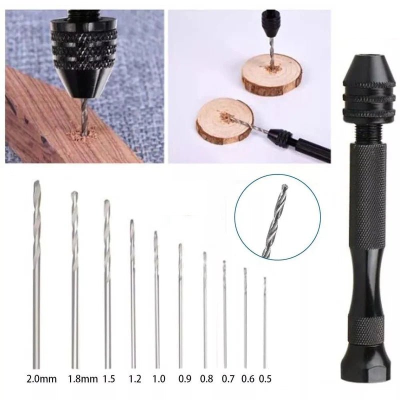 Mini hand drill with 10 twist drill bit set - wood model making PCB jewelry crafting - HomeDIYer