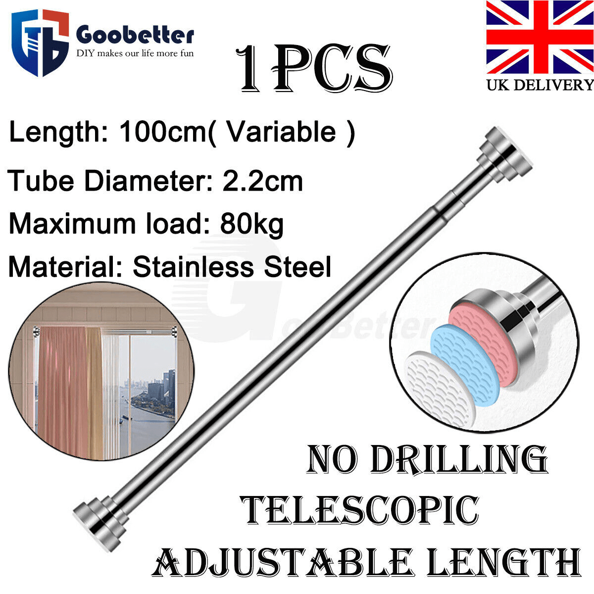 100cm Shower Curtain Rail Rod Spring Extendable Stainless Steel Telescopic Pole - HomeDIYer