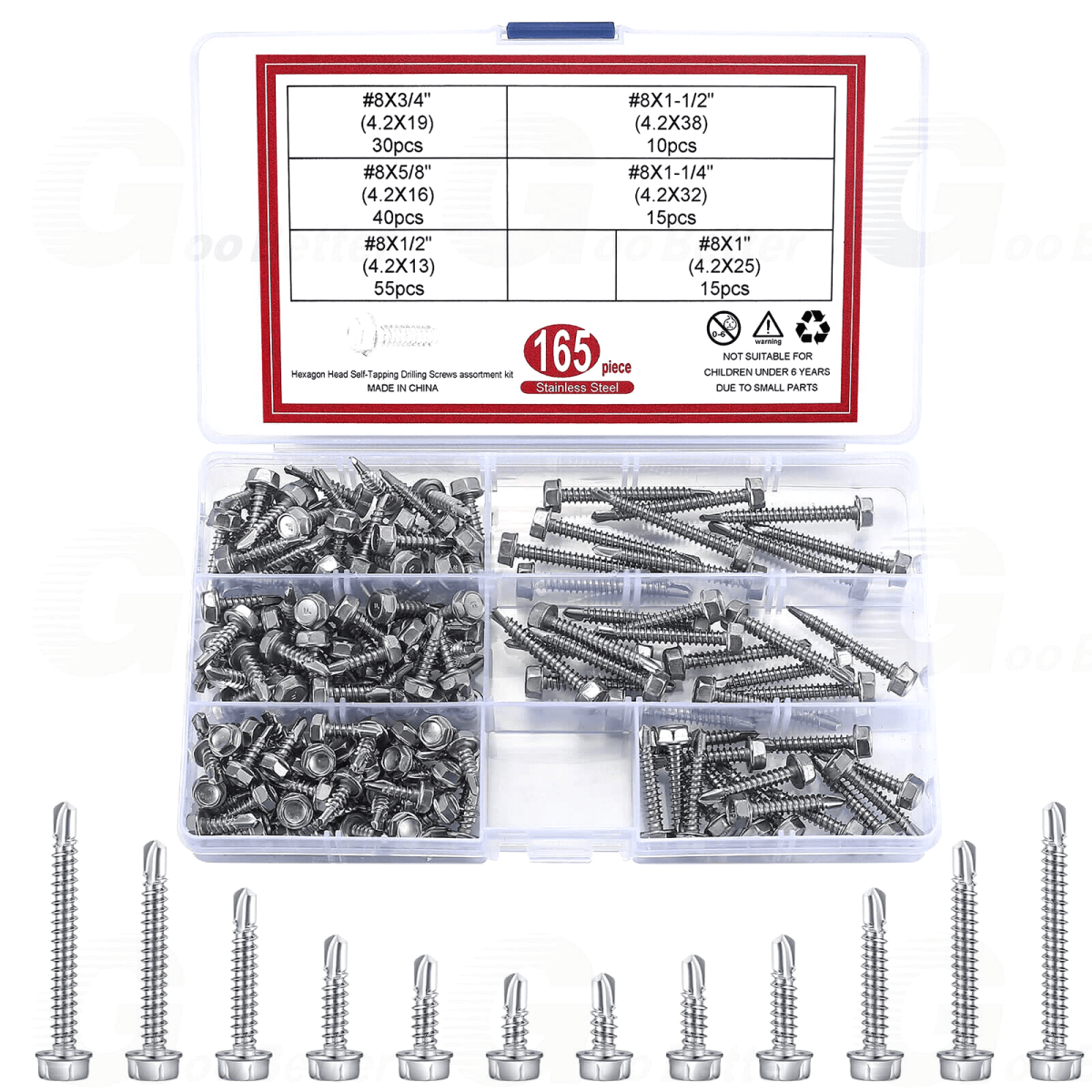 165PCS 8 Hex Washer Head Self Drilling Sheet Metal Tek Screws Stainless Steel - HomeDIYer