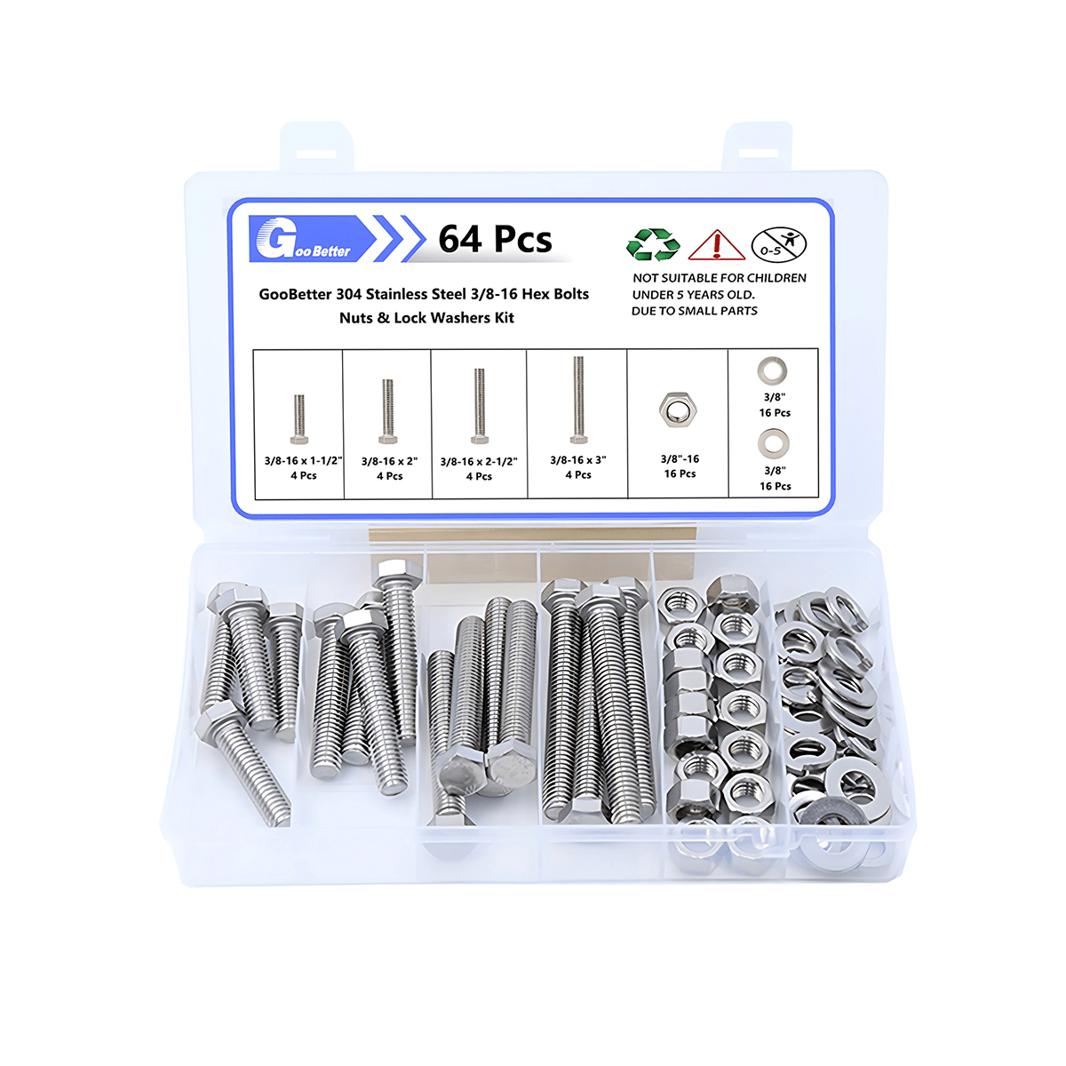 64Pcs 1/4'' - 20 Hex Head Bolts And Nut & Washer Assortment Kit 304 Stainless Steel - HomeDIYer