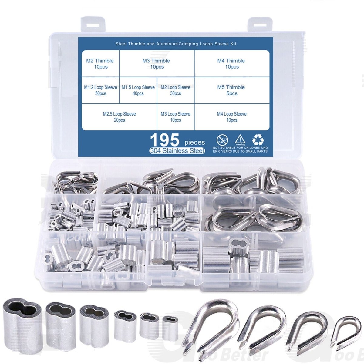 195Pcs Wire Rope Cable Thimbles and Crimping Sleeve Kit A2 Stainless Steel M2 - M5 - HomeDIYer