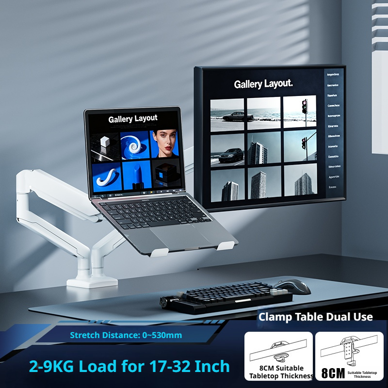 Laptop Desk Mount Arm with Tray – Gas Spring, 10–18 Inch, 3-Axis Adjustable, Clamp & Grommet Base