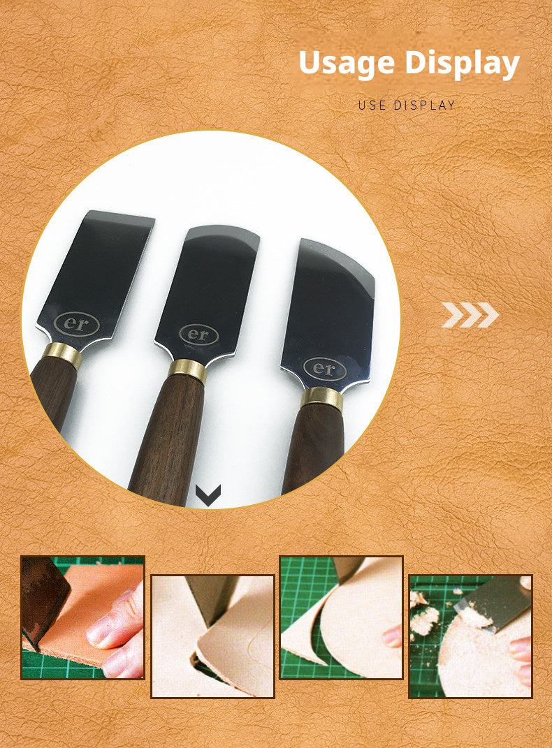 Leather Cutting & Skiving Knife Set – Flat / Bevel / Round Mouth, Beech Wood Handle, Stainless Steel Blade