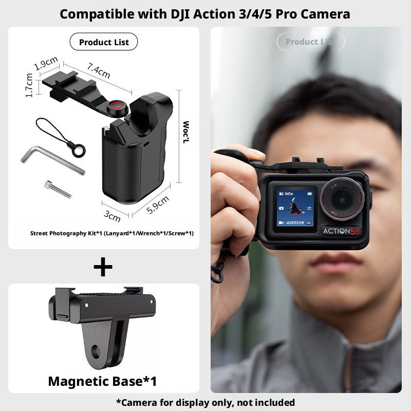DJI Action 5 Pro / 4 / 3 Street Shooting Handle Kit — Ergonomic Grip with Cage Mount & Lanyard - HomeDIYer