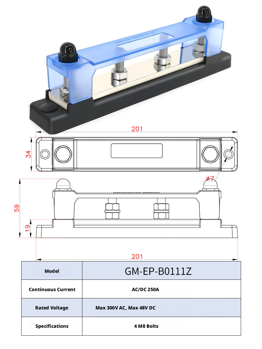 Marine Bus Bar – T2 Copper, 100A–600A DC, 2–20 Position, Single & Double Row, Boat RV Solar