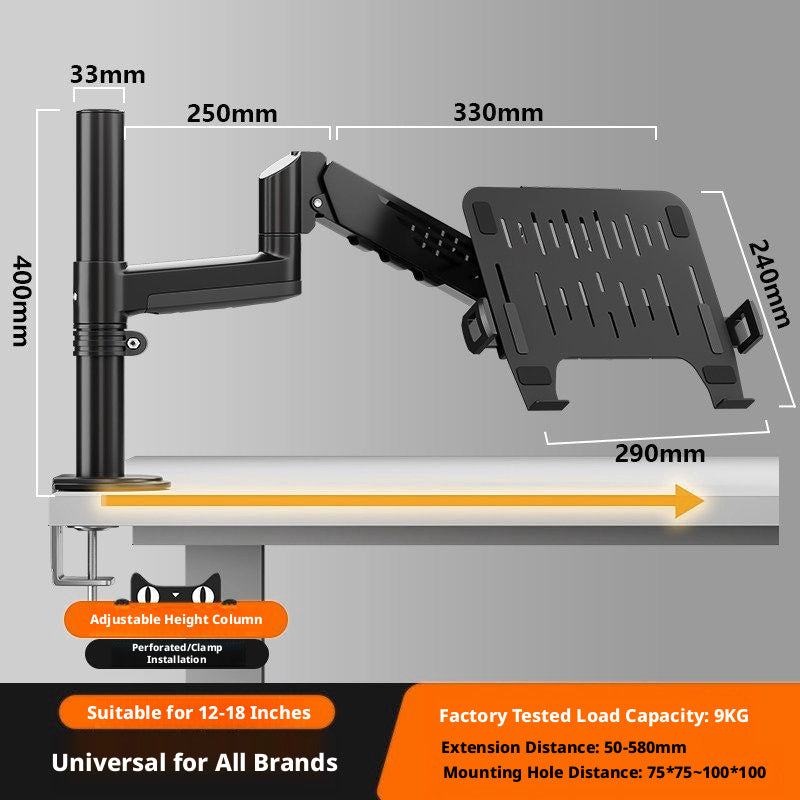 Laptop Desk Mount Arm with Tray – Gas Spring, 10–18 Inch, 3-Axis Adjustable, Clamp & Grommet Base