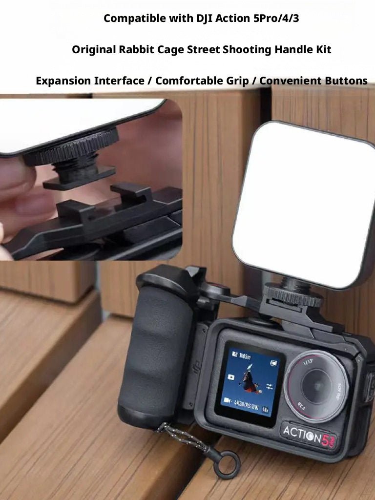 DJI Action 5 Pro / 4 / 3 Street Shooting Handle Kit — Ergonomic Grip with Cage Mount & Lanyard - HomeDIYer