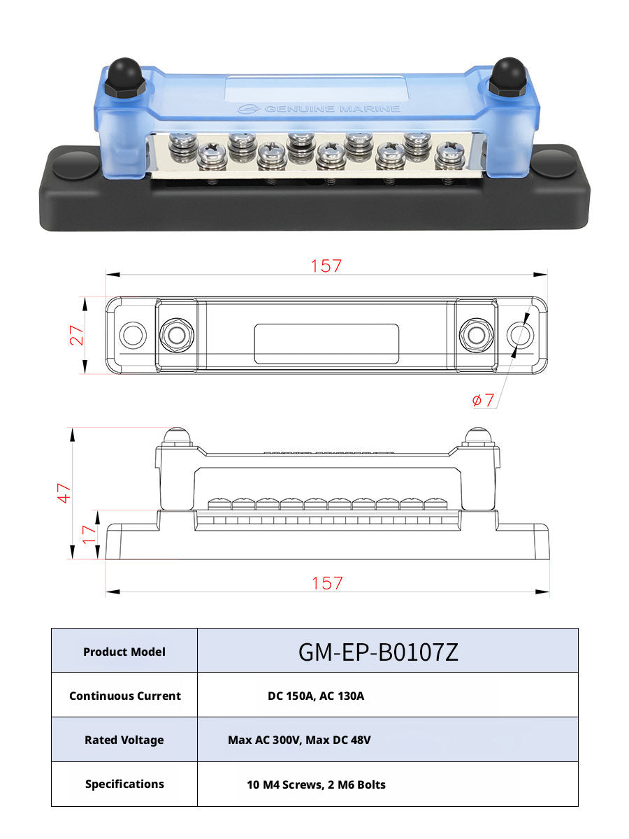 Marine Bus Bar – T2 Copper, 100A–600A DC, 2–20 Position, Single & Double Row, Boat RV Solar