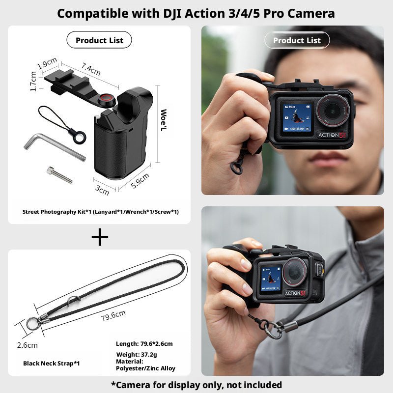 DJI Action 5 Pro / 4 / 3 Street Shooting Handle Kit — Ergonomic Grip with Cage Mount & Lanyard - HomeDIYer