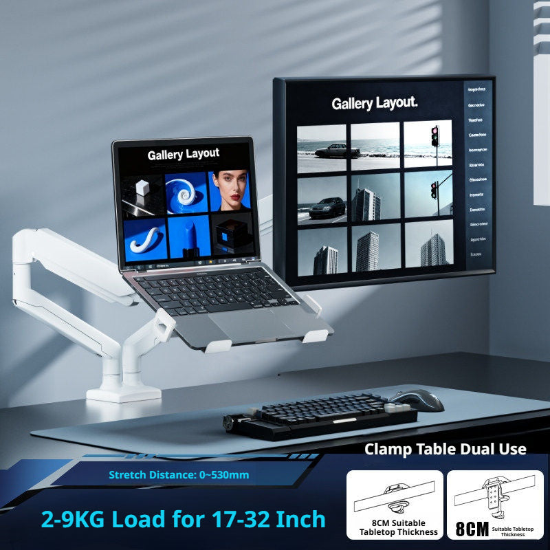 Laptop Desk Mount Arm with Tray – Gas Spring, 10–18 Inch, 3-Axis Adjustable, Clamp & Grommet Base