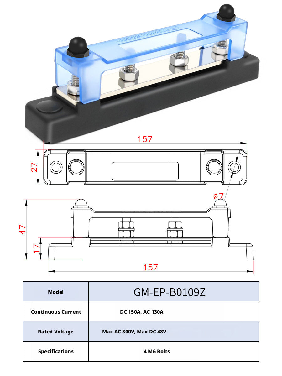 Marine Bus Bar – T2 Copper, 100A–600A DC, 2–20 Position, Single & Double Row, Boat RV Solar
