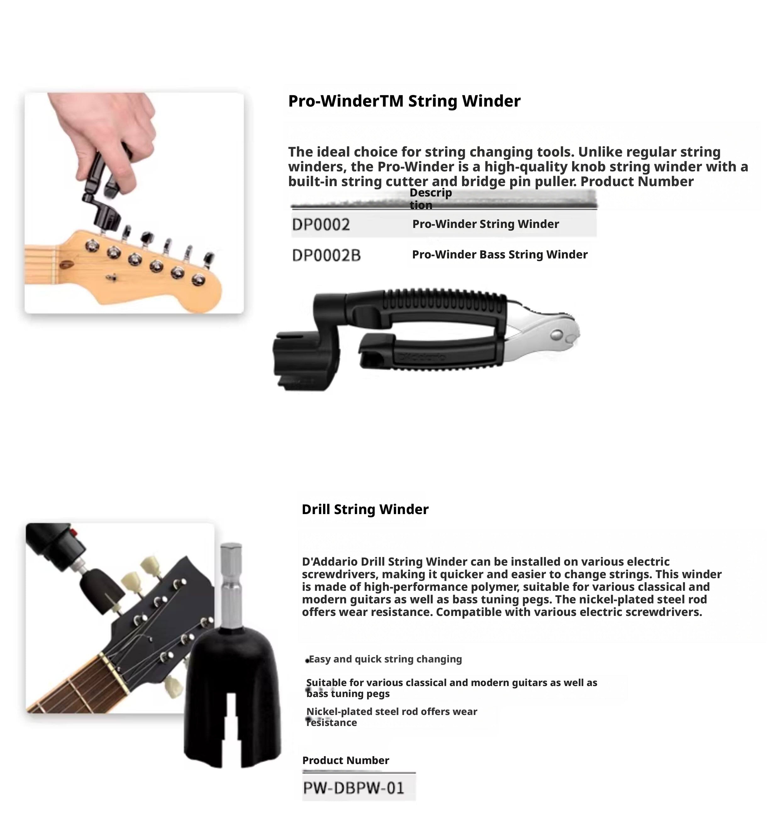 D’Addario Guitar & Bass String Change Tools – Winder, Cutter, Bridge Pin Puller & Multi‑Tool (DP0002, PW‑GBMT‑01 etc.)
