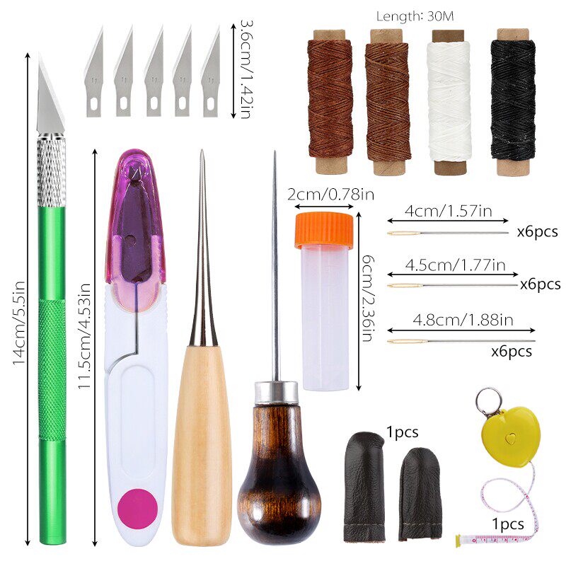 Beginner Leathercraft Tool Set – Hand Sewing Kit with Awls, Needles, Thread & Copper Rings (Airplane Box)