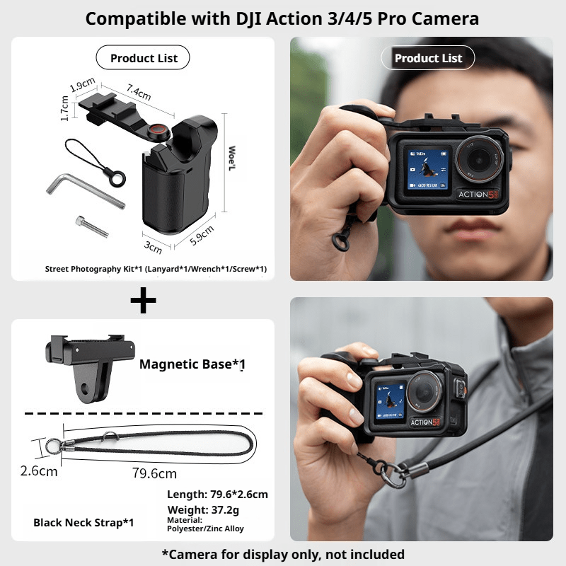 DJI Action 5 Pro / 4 / 3 Street Shooting Handle Kit — Ergonomic Grip with Cage Mount & Lanyard - HomeDIYer