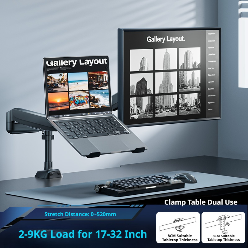 Laptop Desk Mount Arm with Tray – Gas Spring, 10–18 Inch, 3-Axis Adjustable, Clamp & Grommet Base