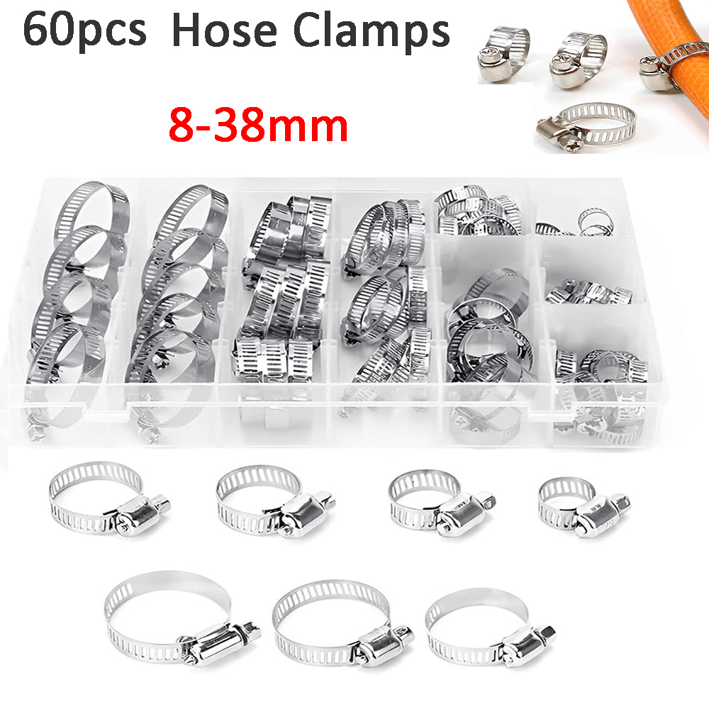 60pcs Adjustable Hose Clamps Stainless Steel 8 - 38mm Fuel Line Clamp Assortment - HomeDIYer