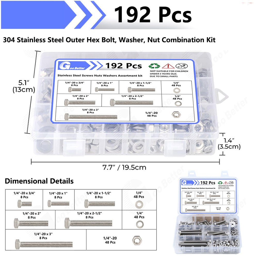 192Pcs 1/4'' - 20 Hex Head Bolts And Nut & Washer Assortment Kit A2 Stainless Steel - HomeDIYer