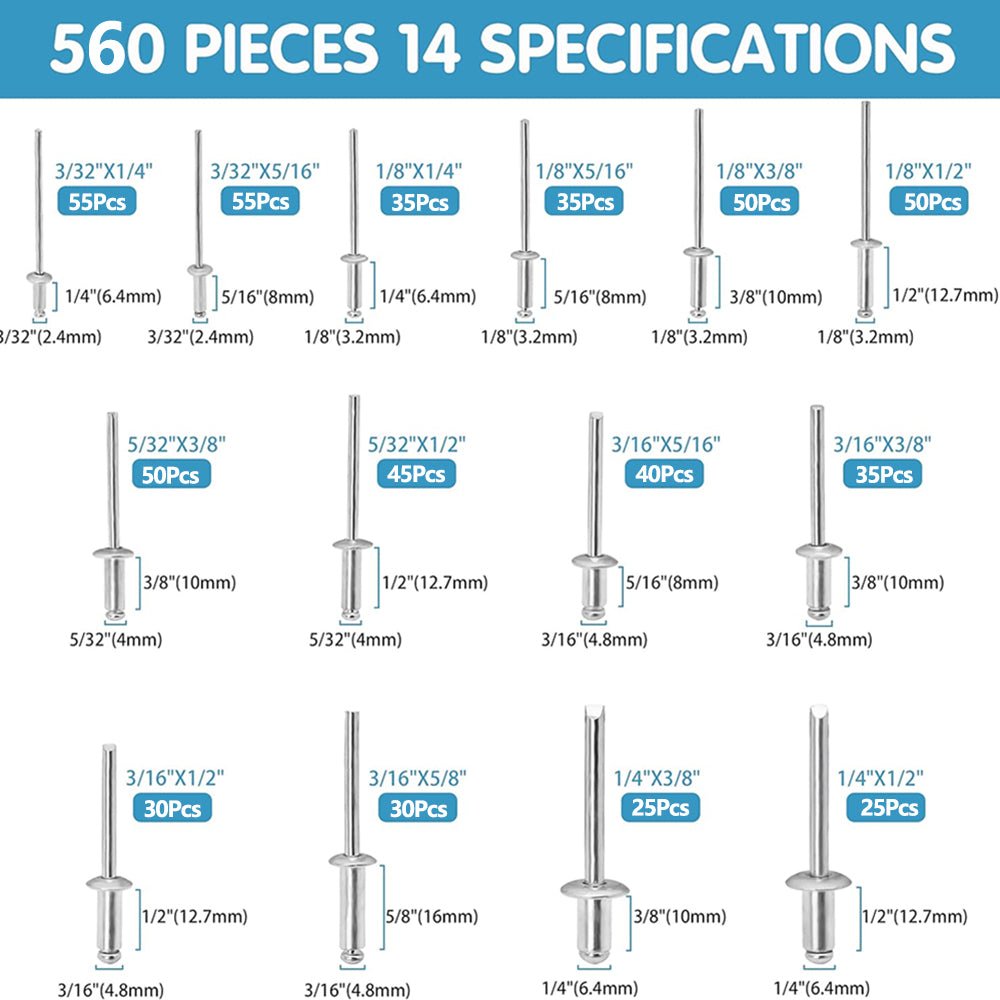 Silver Pop Rivets Assortment Set Aluminium Body Steel Mandrel Open End Dome Head - HomeDIYer