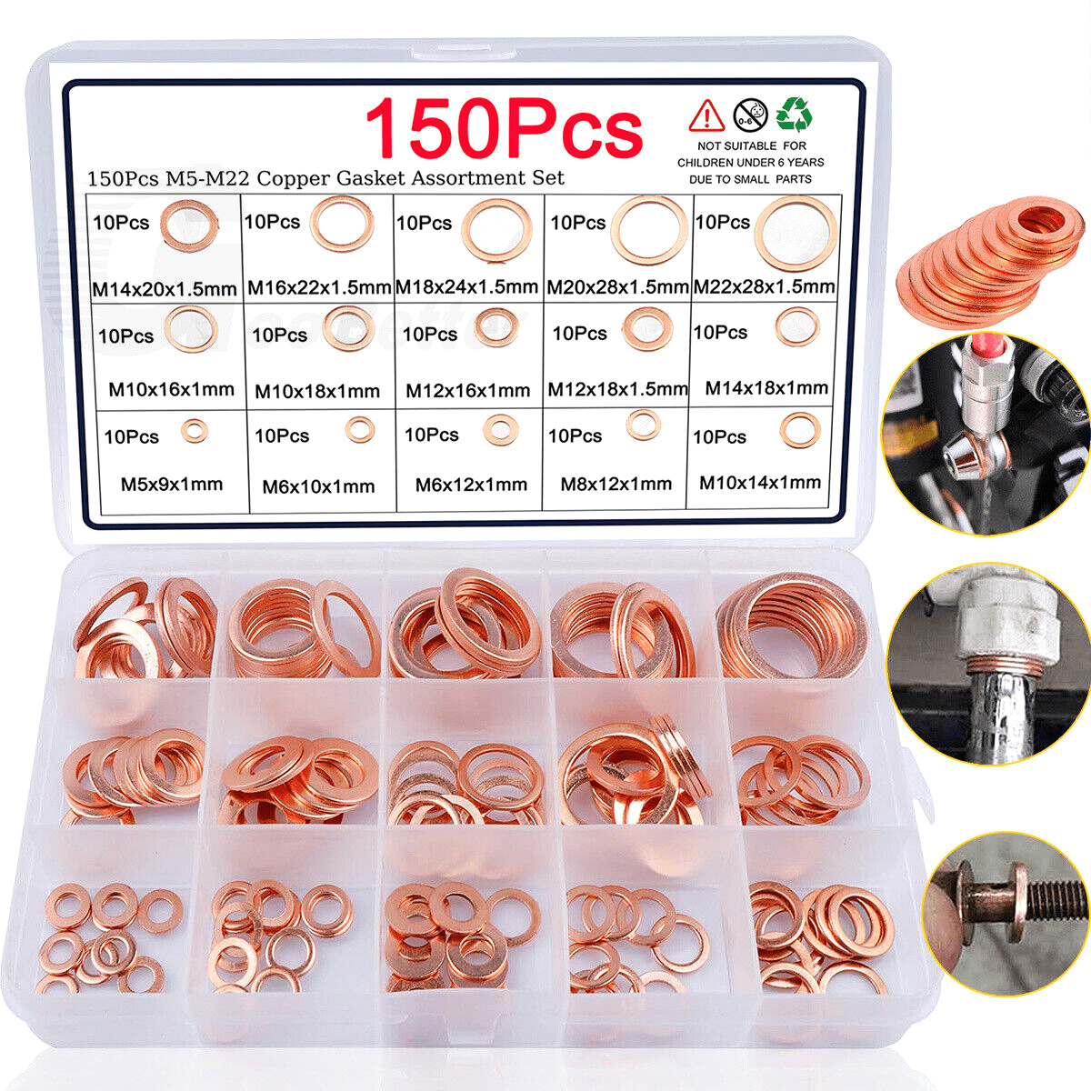 150Pcs M5 - M22 Copper Washer Fasteners Assortment Kit Oil Seal Gasket Industrial - HomeDIYer