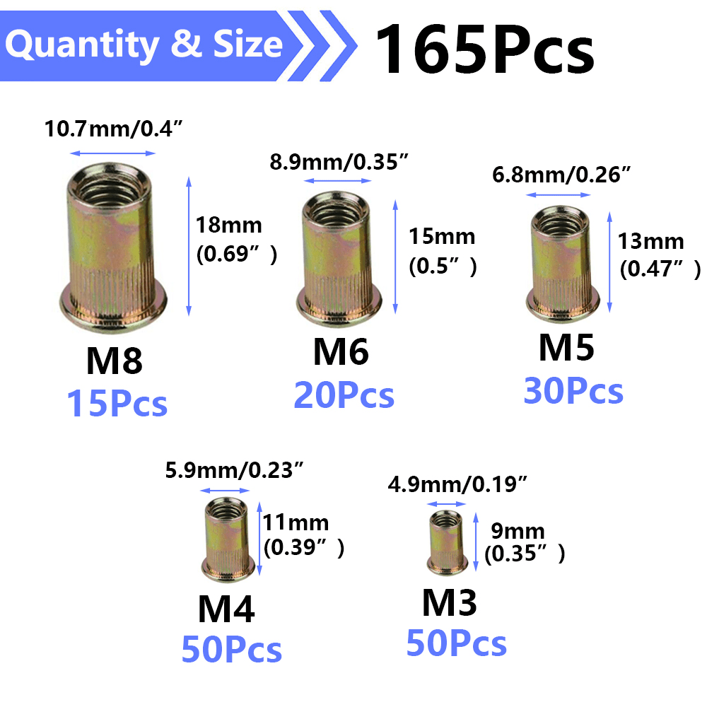 165Pcs Rivet Nut Kit M3 - M8 Carbon Steel Flat Head Rivnut Threaded Insert Nutsert - HomeDIYer