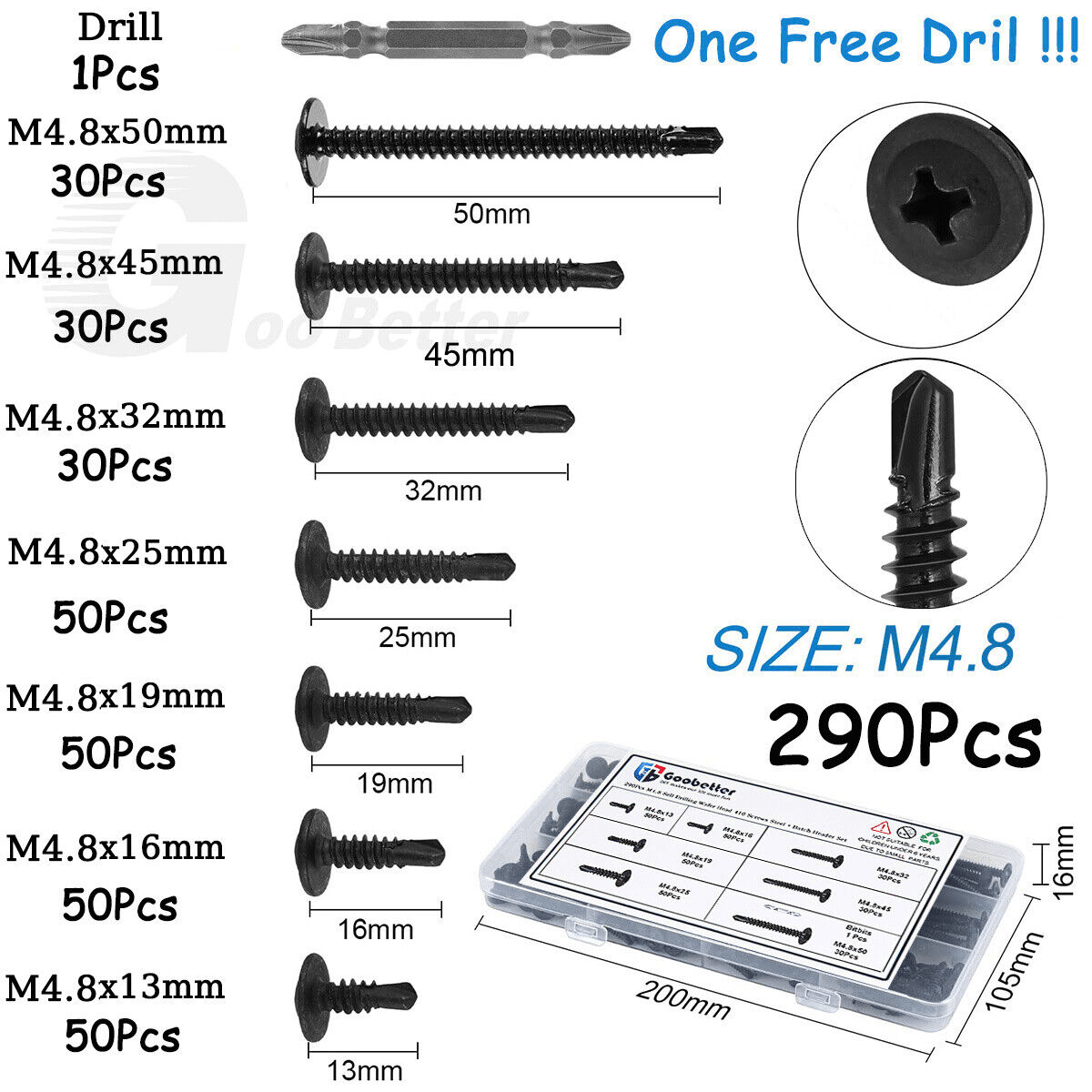 290x M4.8 Phillips head self - drilling screws set Self - tapping sheet metal screws + drill bit - HomeDIYer