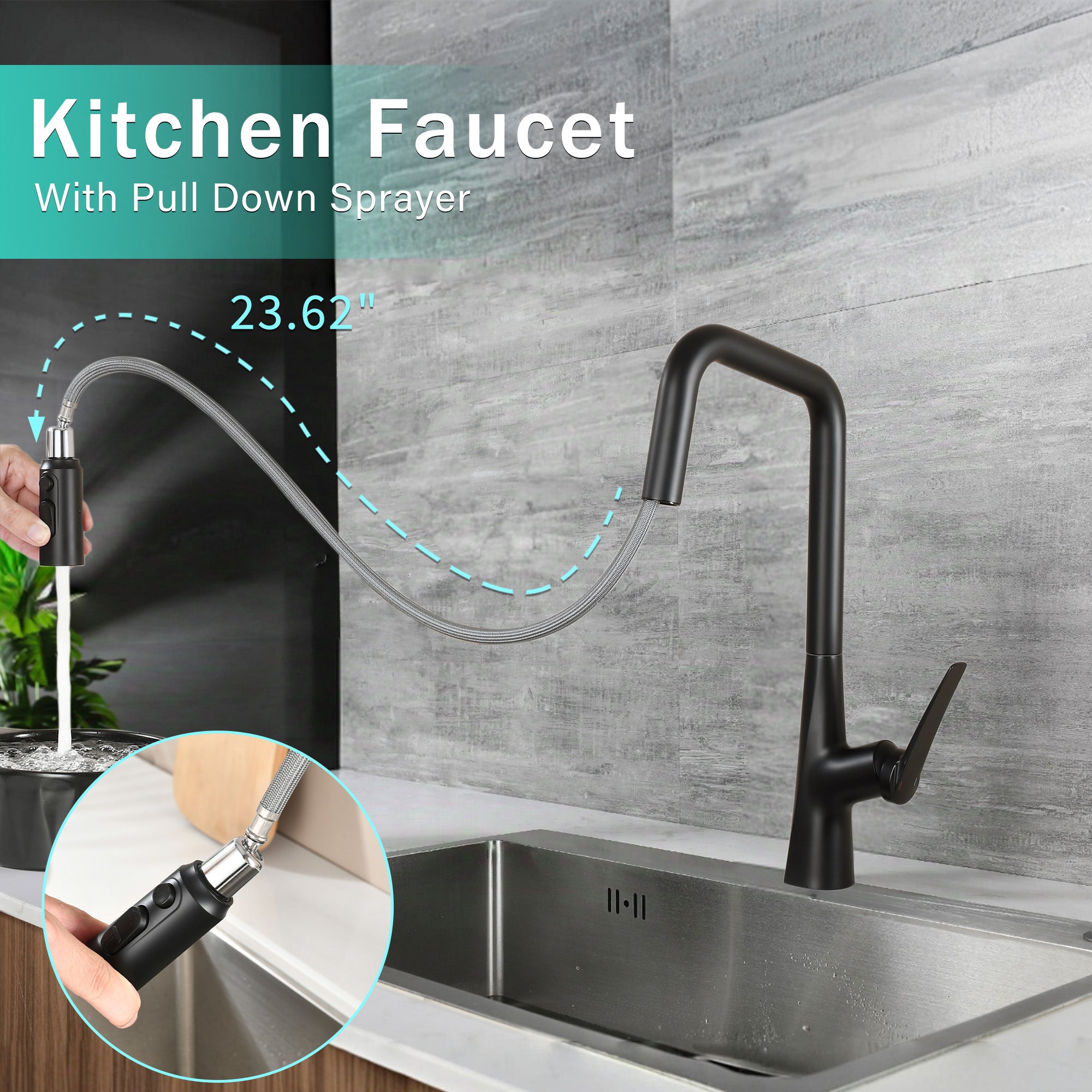 Matte Black Professional Kitchen Faucet 3 Function 360 Sprayer One Touch Switching FastConnect
