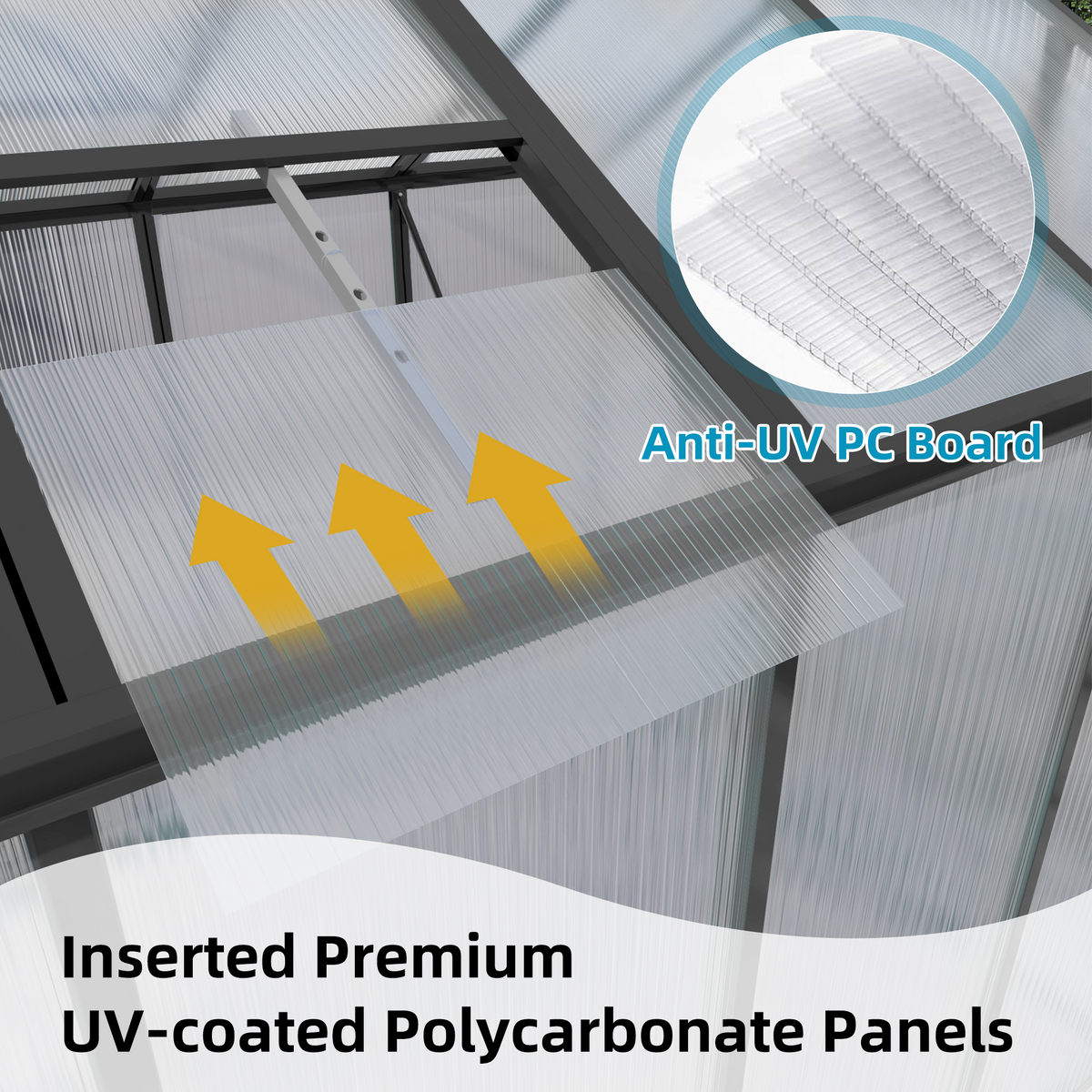 8ft x 12ft Heavy‑Duty Aluminum Walk‑In Greenhouse — 4mm Polycarbonate Panels Raised Base & Drainage System Black