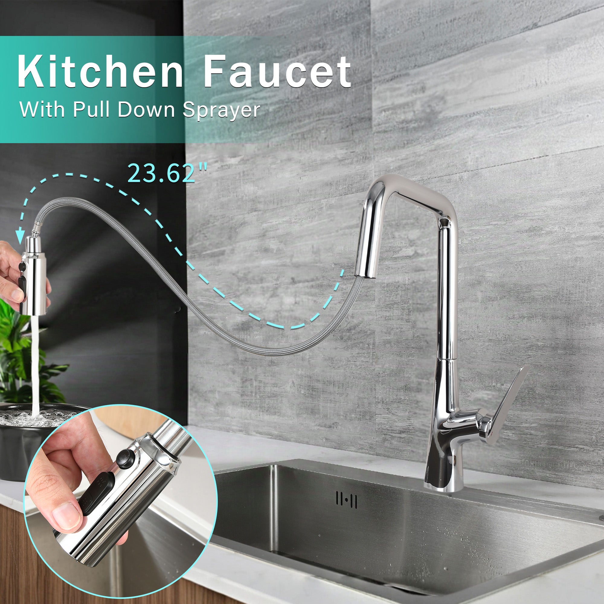 Professional Chrome Kitchen Faucet - 3 Function 360 Sprayer, One Touch Switching & FastConnect