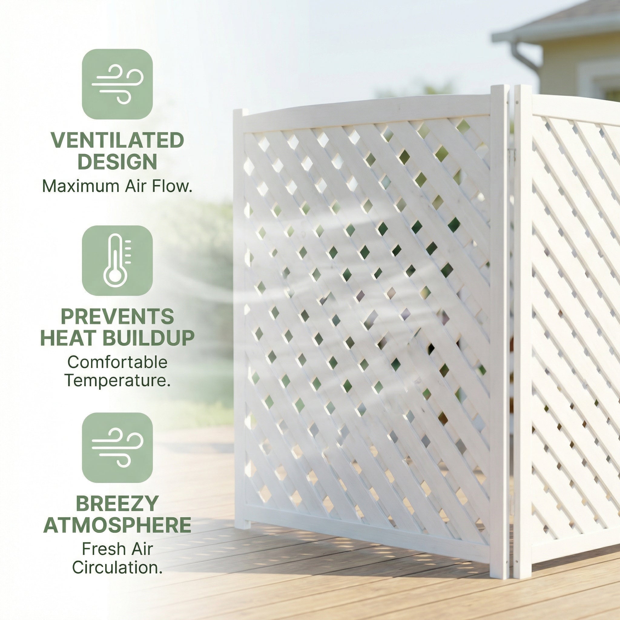3‑Panel Solid Wood Outdoor Privacy Screen — 32" W x 38" H, AC Fence, Trash Can Enclosure, White