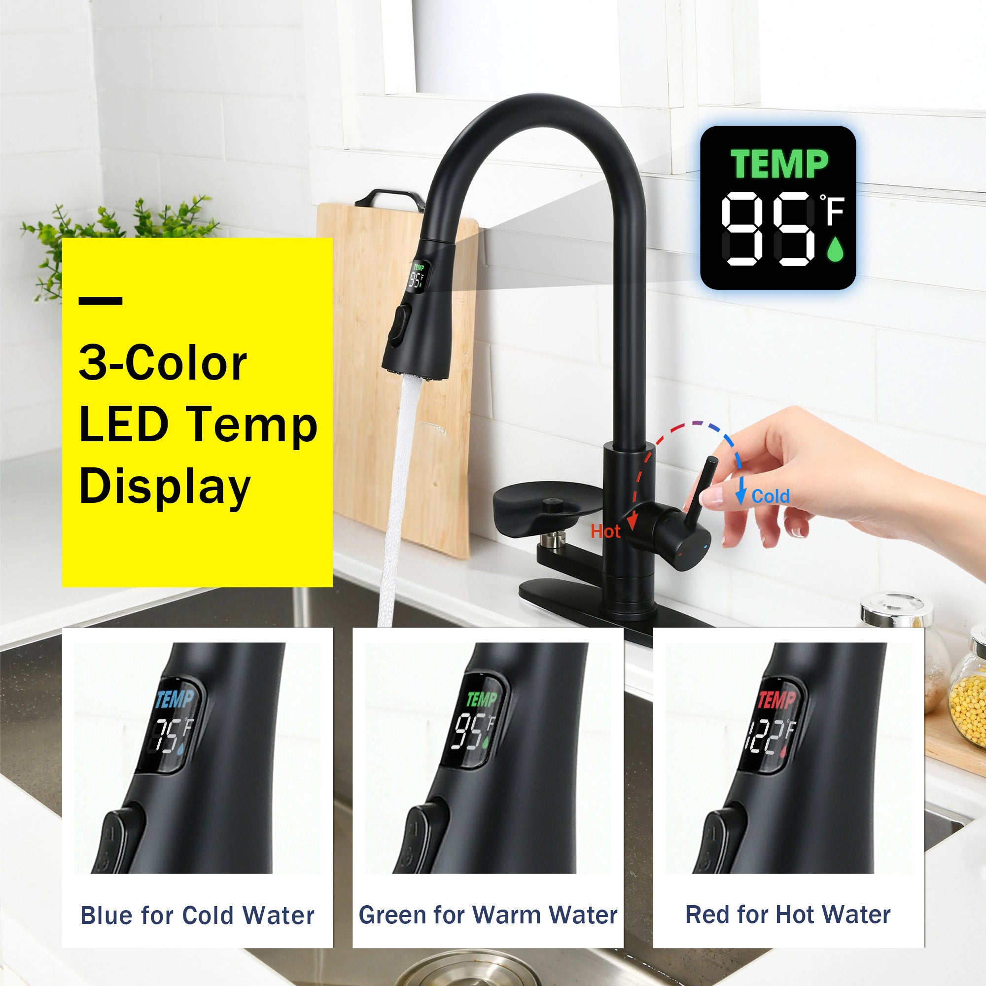 3-in-1 Kitchen Faucet with 3-Color LED Temperature Display, Press-Type Glass Rinser, High-Arc Pull-Down Sprayer, 3 Spray Modes, Matte Black Finish for Modern Kitchen Sink