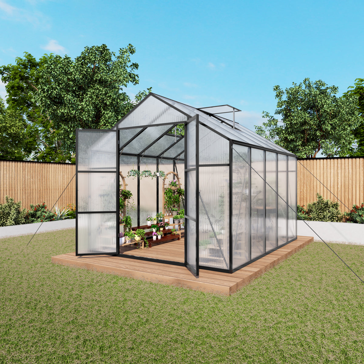 8ft x 10ft Heavy‑Duty Aluminum Walk‑In Greenhouse — 4mm Polycarbonate Panels Drainage System & Adjustable Vents Black