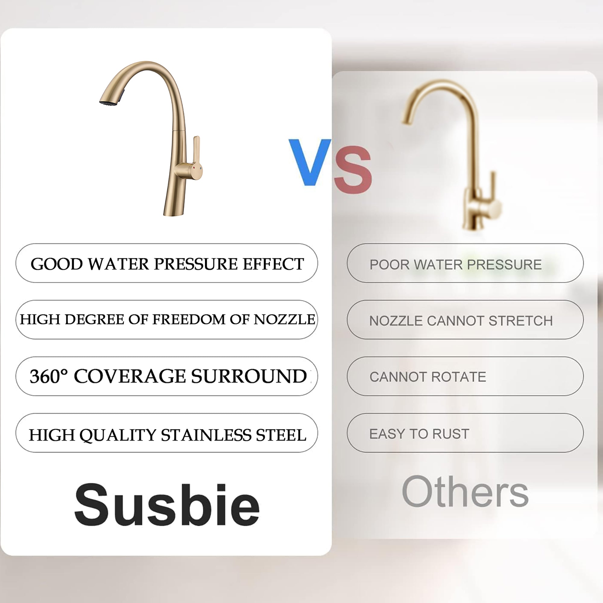 Single Handle Stainless Steel Pull Out Kitchen Faucet – Brushed Gold, High-Arc, Dual-Mode