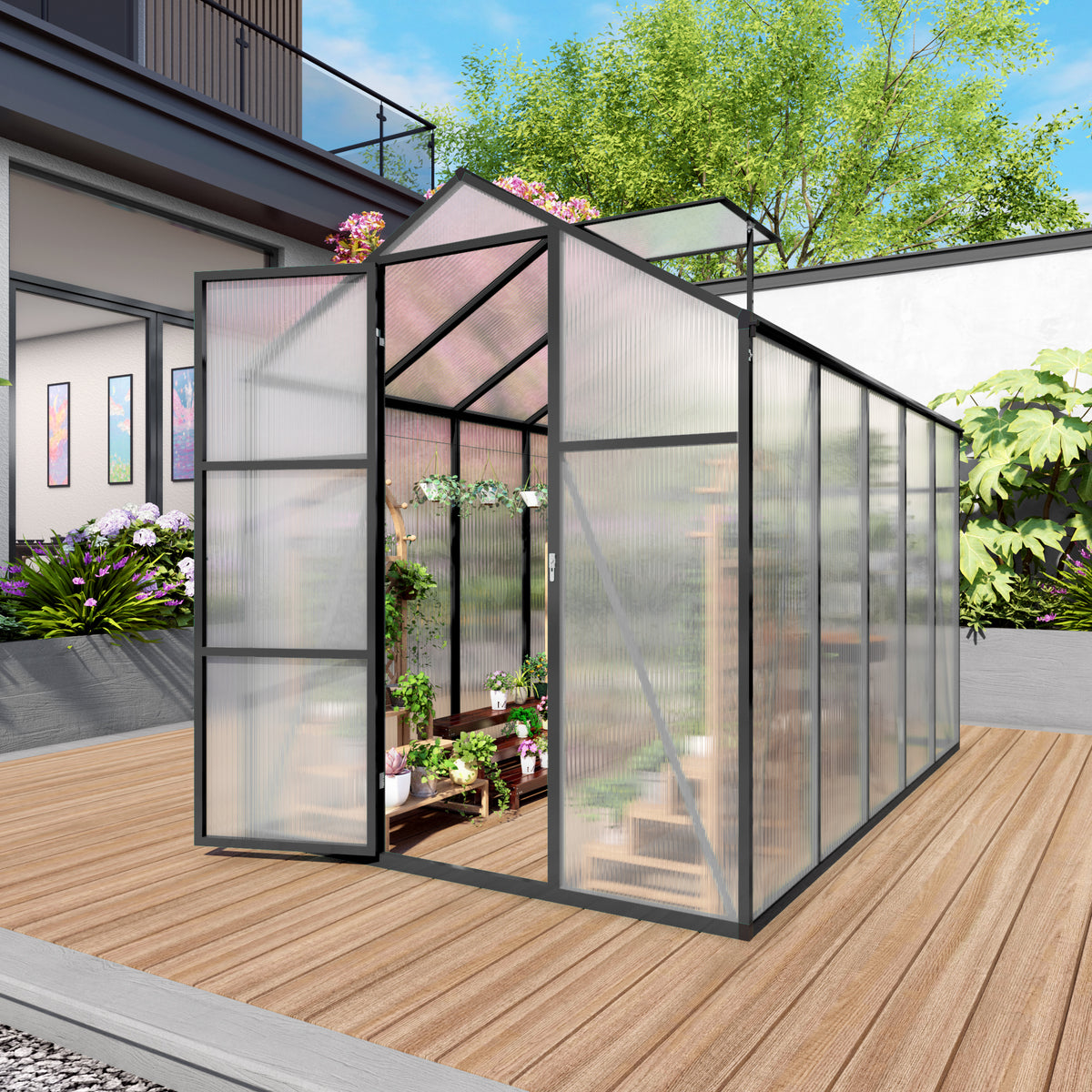 6ft x 10ft Heavy‑Duty Aluminum Walk‑In Greenhouse — Wind‑Resistant Polycarbonate Panels with Raised Base & Drainage System Black