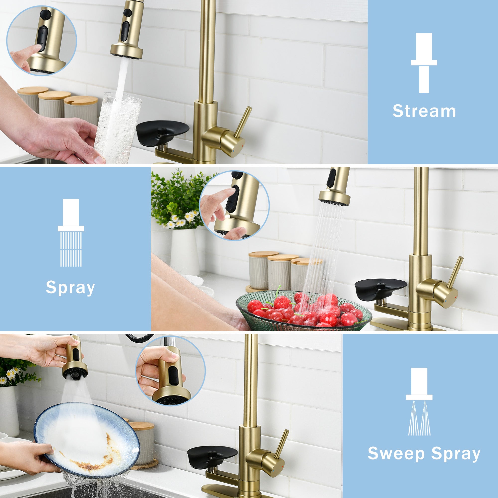 3-in-1 Kitchen Faucet with Press-Type Glass Rinser, Universal for 1 & 3 Holes, High-Arc Pull-Down Sprayer with 3 Function Spray Mode, Brushed Gold Finish