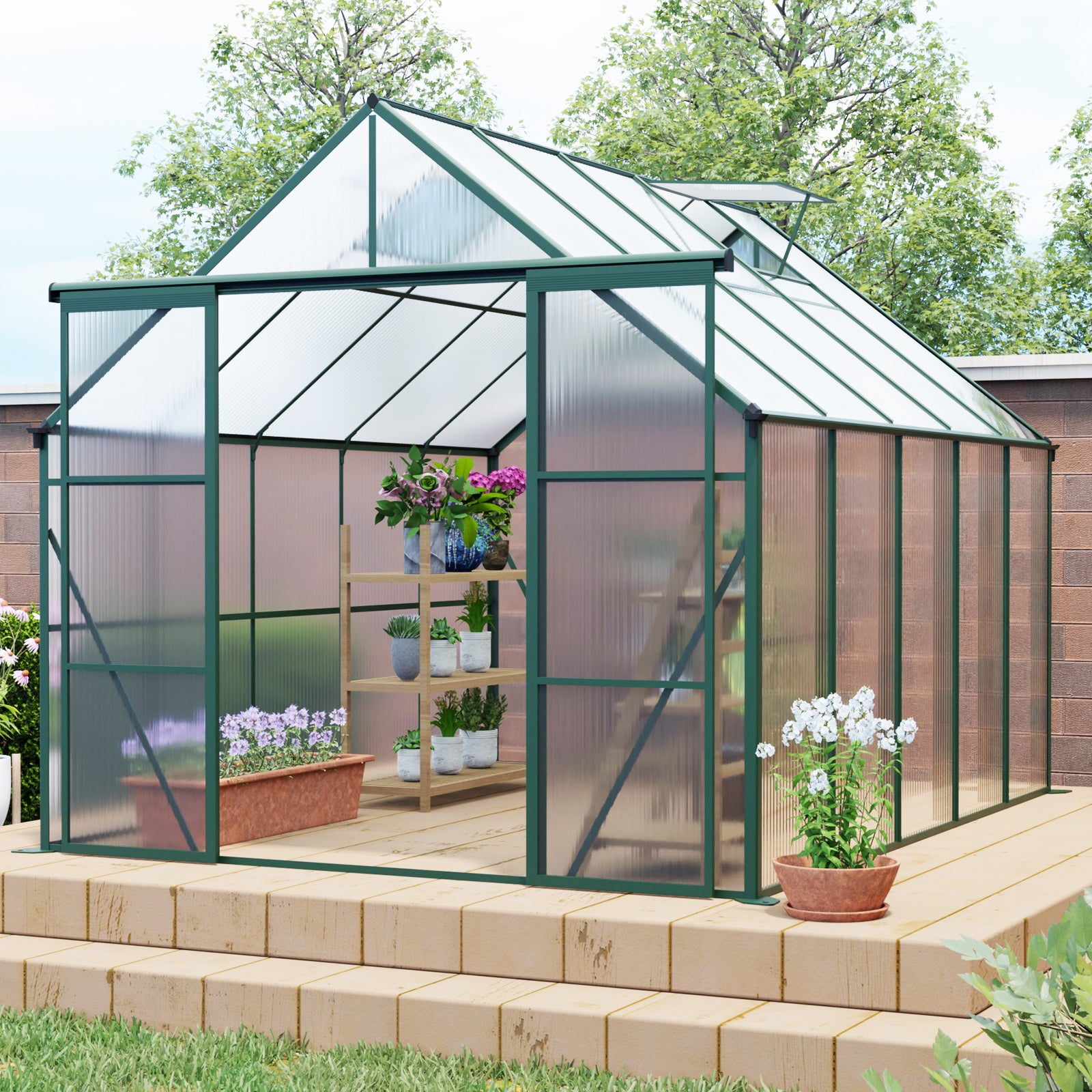 8ft x 10ft Heavy‑Duty Aluminum Walk‑In Greenhouse — Double Doors Adjustable Roof & Polycarbonate Panels Green