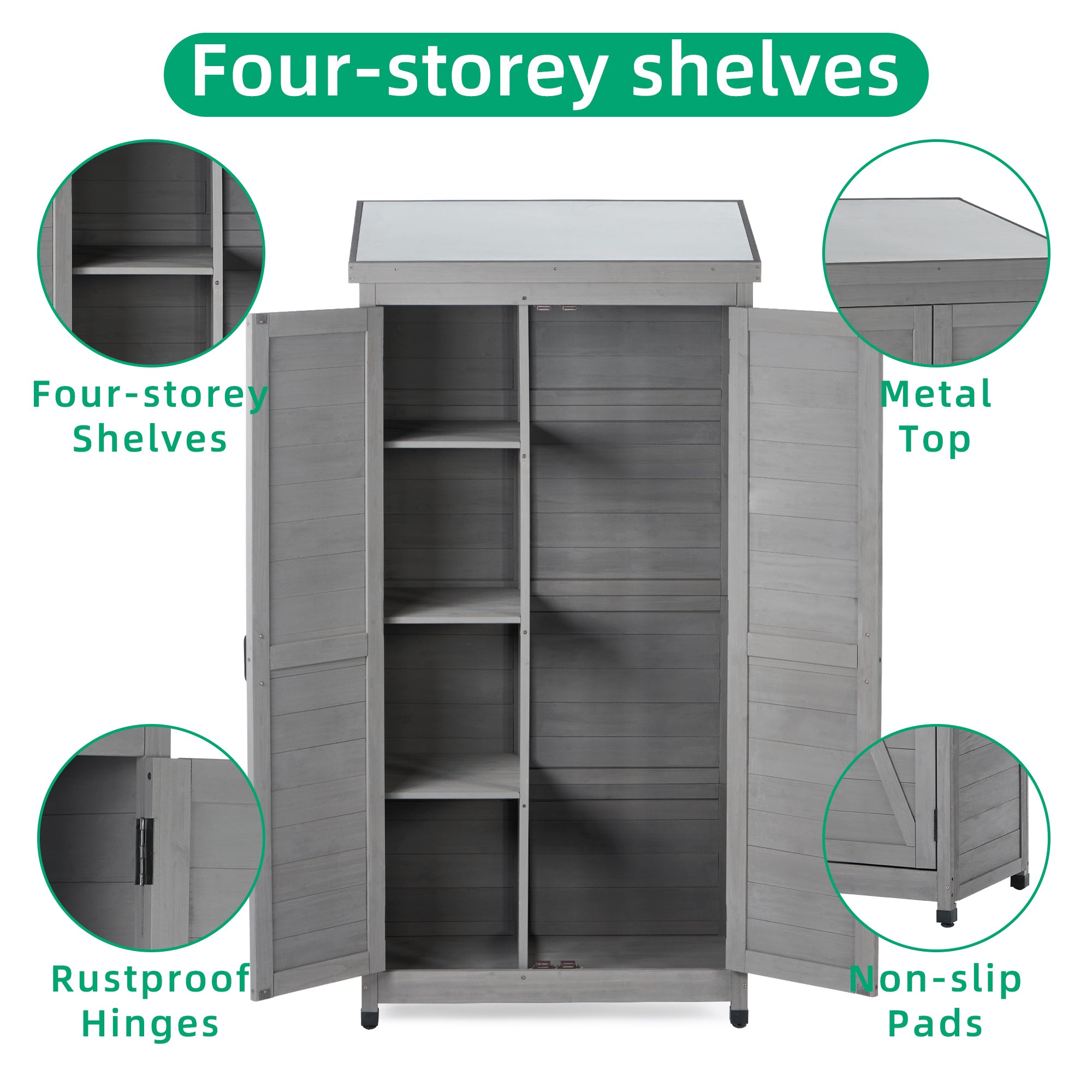 68" Outdoor Storage Cabinet – Tall Wood Garden Shed with Metal Top