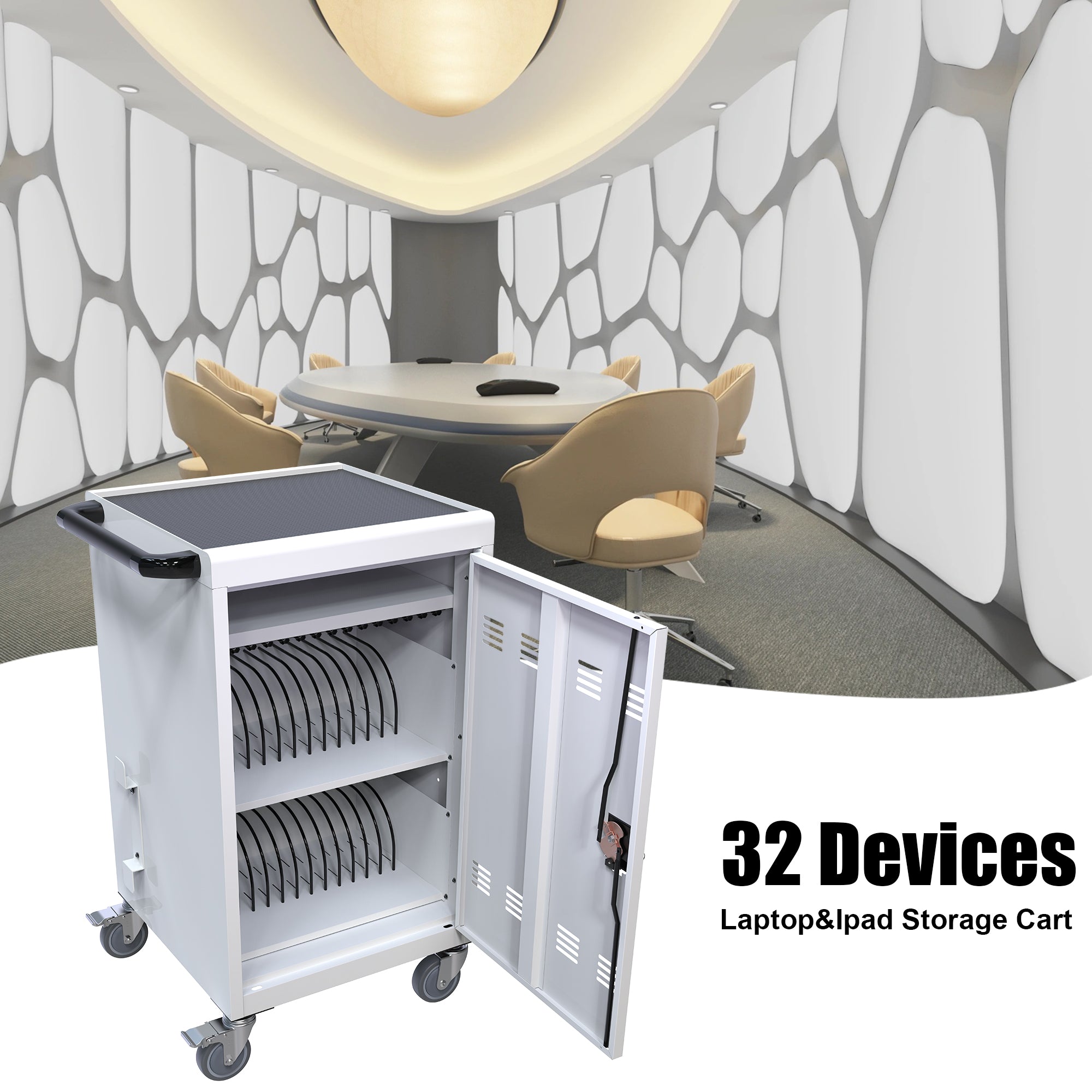 30+2Bay Mobile School Charging Cart Station for Chromebook, Tablet and Laptop Computer with Power Strip Included, Assembly Required-WHITE