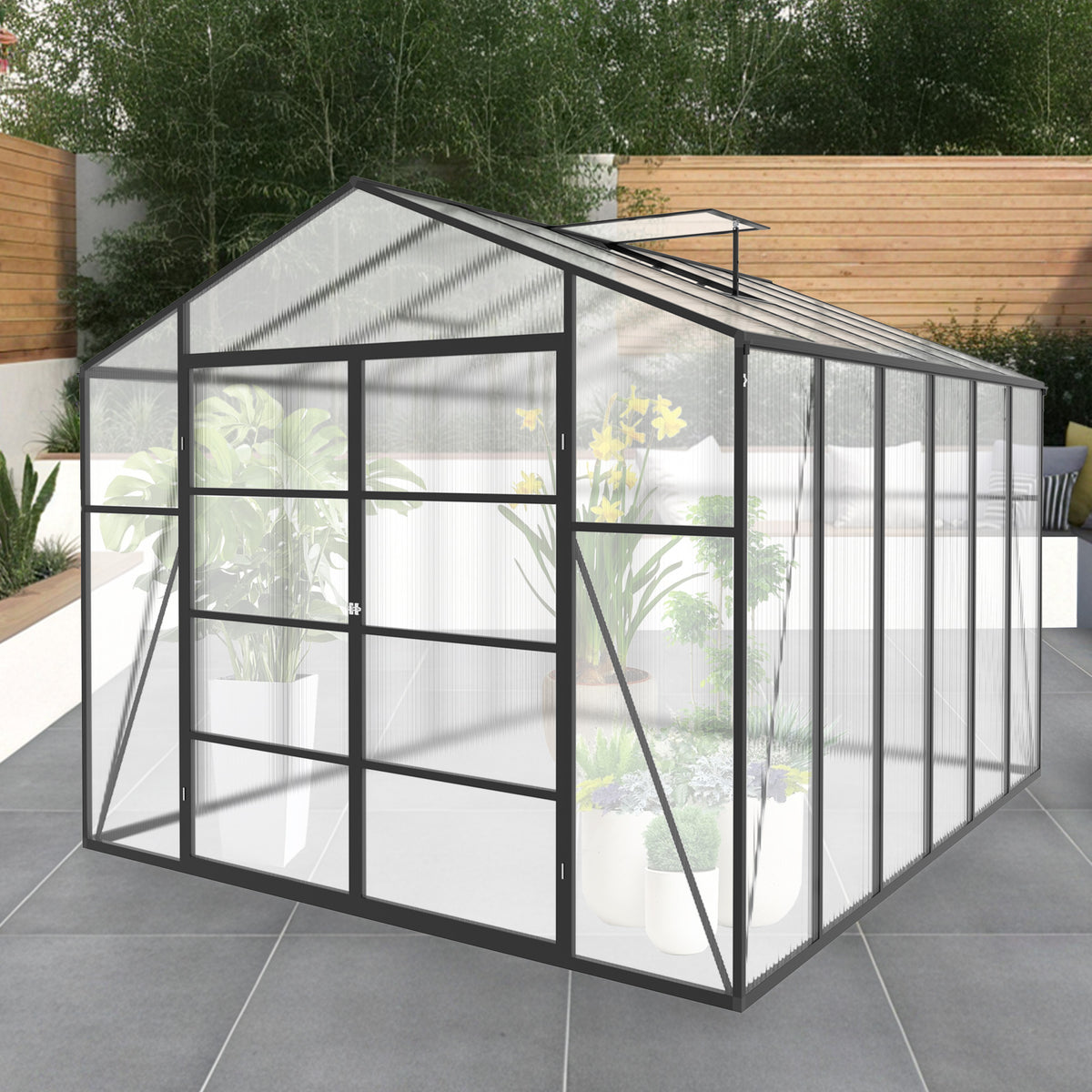 10ft x 12ft Heavy‑Duty Aluminum Walk‑In Greenhouse — Raised Base Polycarbonate Panels & Drainage System Black