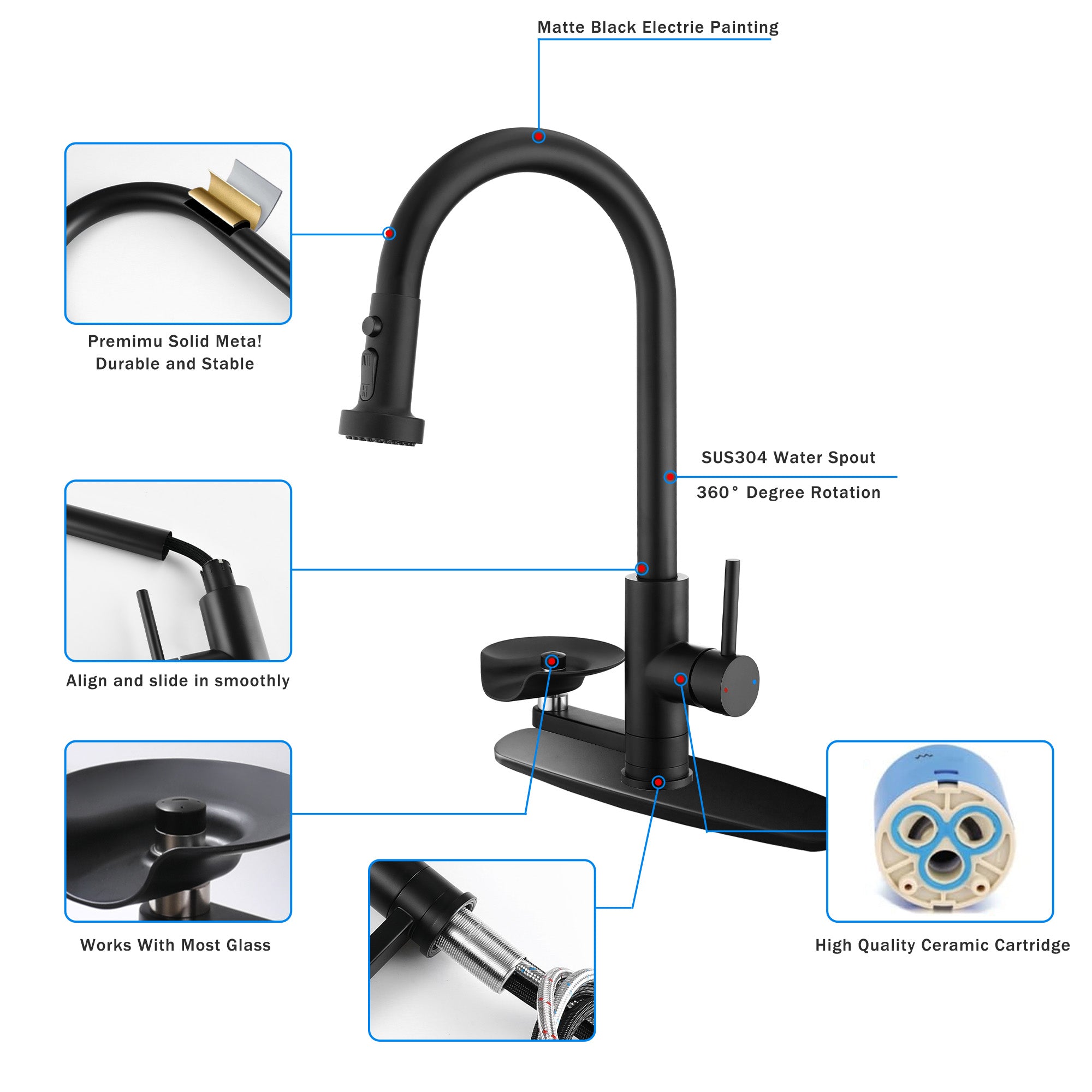 3-in-1 Kitchen Faucet with Press-Type Glass Rinser, High-Arc Pull-Down Sprayer Faucet, 3 Function Spray Mode, Matte Black Finish, for Modern Kitchen Sink